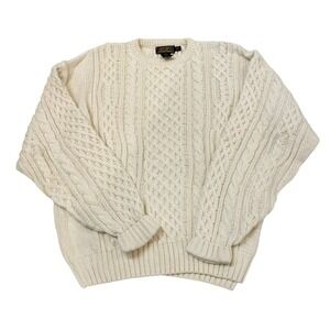 Vintage Eddie Bauer Mens Large Fisherman Knit Sweater Ivory Cable Knit USA Made